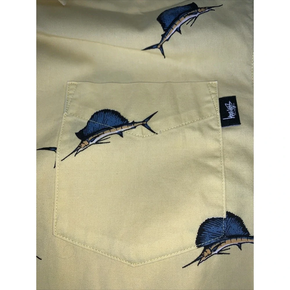 Stussy Marlins Hawaiian Button Up Shirt Yellow‎ Small Skate Fishing